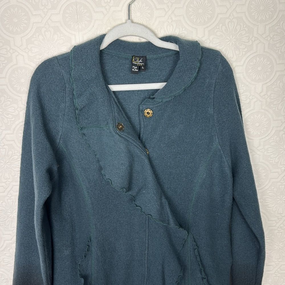 CoVelo Wool Coat Teal Longline Flutter Flower Ombré Artsy Art To‎ Wear Lagenlook - Picture 2 of 8